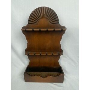 Vtg Sunburst Wood Wall Hanging Collecter's Spoon Rack 12 Spoons w/Storage Tray